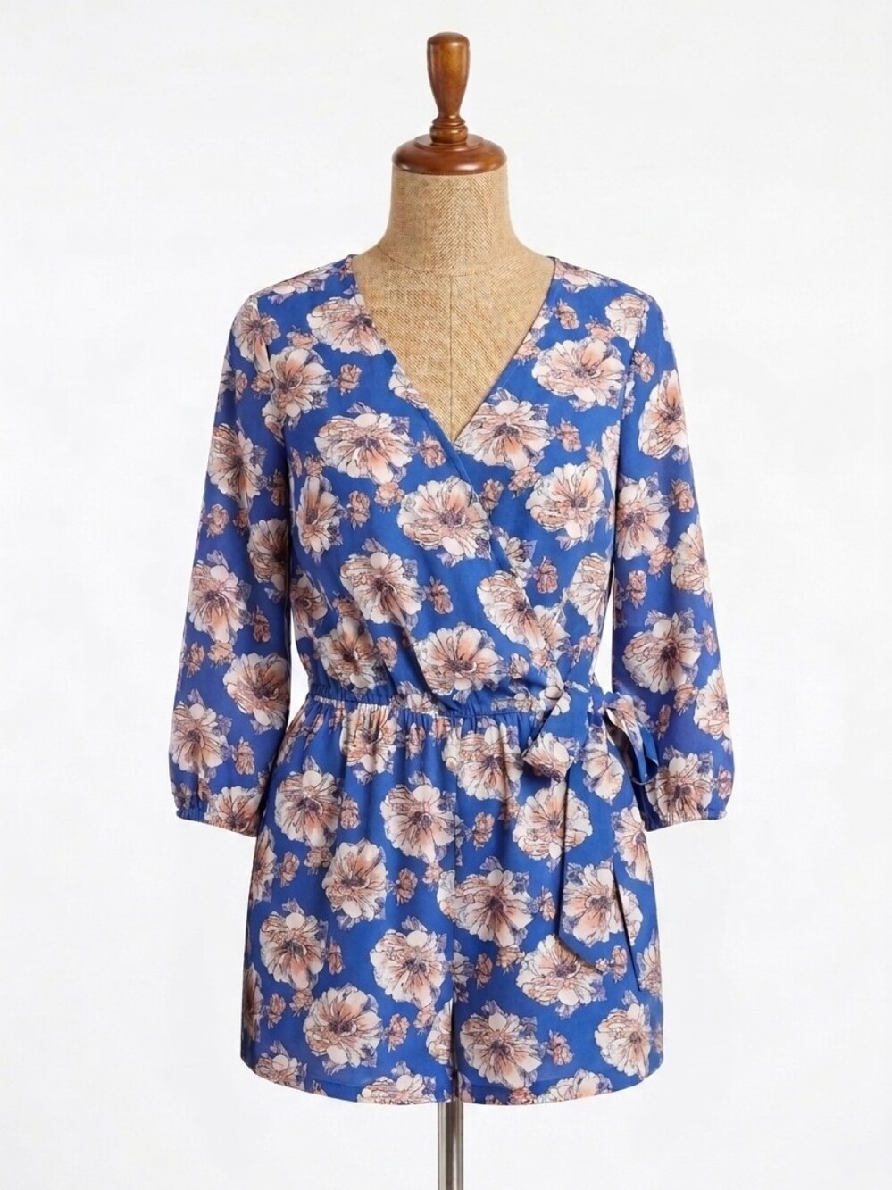 Blue Floral Faux Wrap Romper with Peach & White Blooms Size Small
